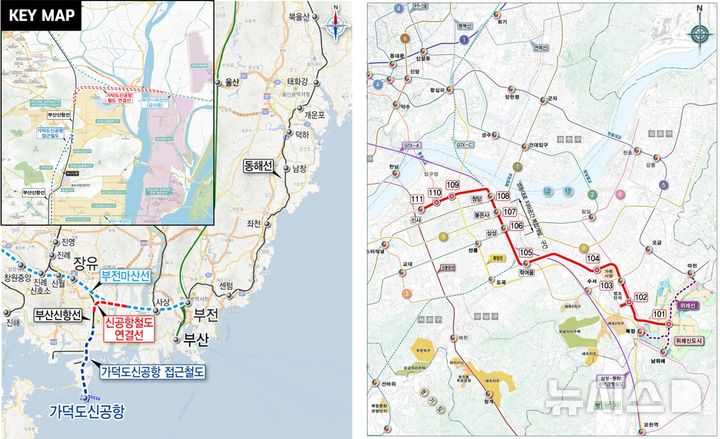 [서울=뉴시스] 가덕도 신공항철도 연결선사업(왼쪽)과 위례신사선 도시철도 사업(오른쪽) 개요 및 위치도. (자료= 국토교통부 제공)