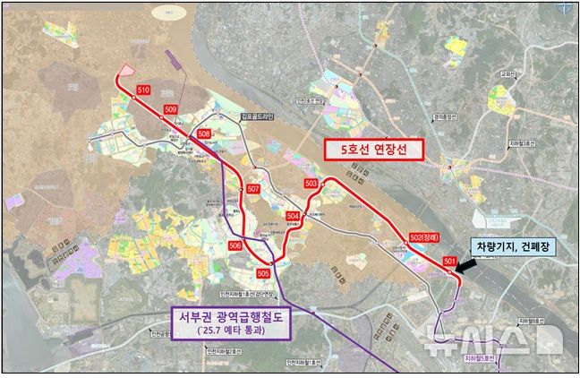[서울=뉴시스] 서울5호선 김포·검단 연장 사업 개요 및 위치도. (자료= 국토교통부 제공)