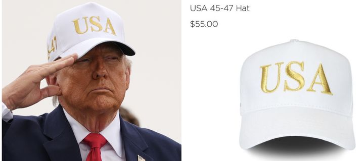 [뉴시스] (왼쪽) 도널드 트럼프 미국 대통령이 7일(현지 시간) 미 델라웨어주 도버 공군기지에서 열린 전사자 유해 송환식에서 경례를 하고 있다. (오른쪽) 당시 트럼프 대통령이 착용한 야구 모자. (사진=AP, 트럼프오거니제이션 공식 스토어 캡처 ) *재판매 및 DB 금지