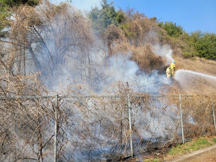 [창원=뉴시스]남해고속도로(순천 방향) 칠서분기점 인근 야산 화재 (사진=경남소방본부 제공) 2026.03.10.photo@newsis.com *재판매 및 DB 금지