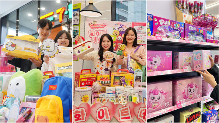 [서울=뉴시스] 편의점 3사가 화이트데이를 맞아 기획한 캐릭터IP 협업상품. 세븐일레븐(왼쪽), CU, GS25(오른쪽) (사진=세븐일레븐, CU, GS25 제공) 2026.03.10. photo@newsis.com *재판매 및 DB 금지