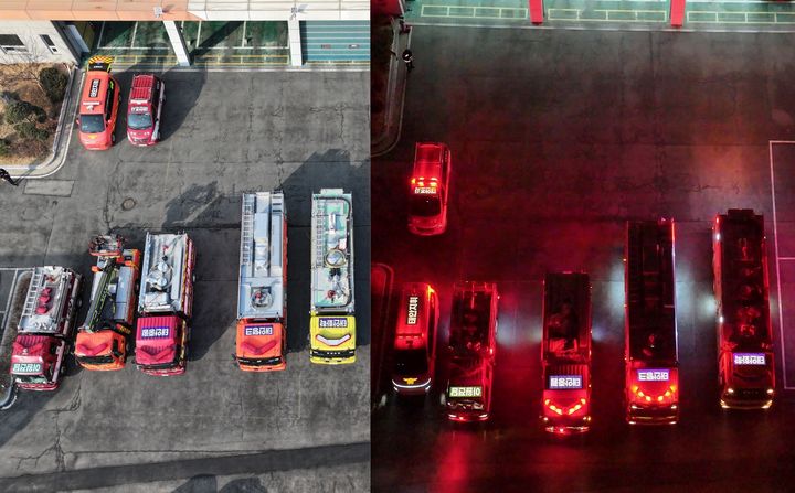 [태안=뉴시스] 드론으로 촬영한 스카이 태그 부착 태안소방서 소방차량 주(왼쪽)·야간 모습. (사진=태안소방서 제공) 2026.03.10. photo@newsis.com *재판매 및 DB 금지