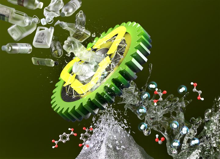 [울산=뉴시스] 연구팀의 페트병 재활용 기술을 묘사한 그린 케미스트 저널 표지 이미지 (사진=UNIST 제공) photo@newsis.com *재판매 및 DB 금지