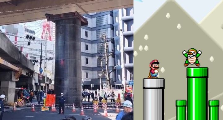 [서울=뉴시스]일본 오사카시 기타구 현장에서 "지면에서 파이프가 솟아나고 있다"는 신고가 경찰에 접수됐다. 오른쪽 사진은 슈퍼마리오 게임의 한 장면. 사진 X 캡처 *재판매 및 DB 금지