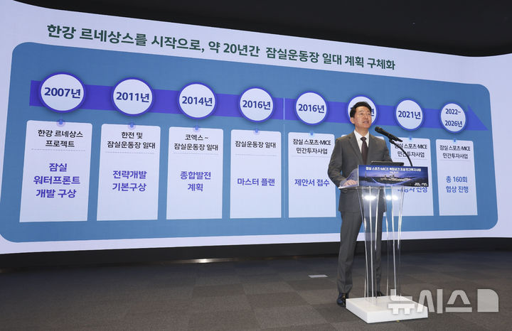 [서울=뉴시스] 김근수 기자 = 오세훈 서울시장이 11일 서울시청에서 열린 잠실 스포츠 및 MICE 복합공간 조성사업 기자설명회에서 발언하고 있다. 2026.03.11. ks@naver.com