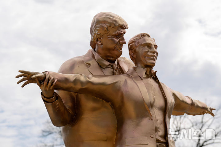 [워싱턴=AP/뉴시스] 도널드 트럼프 미국 대통령과 억만장자 성범죄자 제프리 엡스타인을 풍자하는 동상이 11일(현지 시간) 미국 워싱턴 D.C. 국회의사당 앞 내셔널몰에 세워져 있다. 2026.03.12.