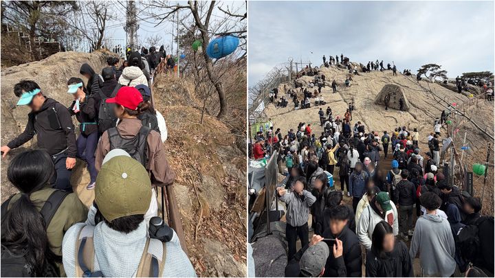 [서울=뉴시스] 7일 토요일 관악산 정상 연주대에 등산객들이 몰린 모습 (사진=독자 제공) 2026.03.12. photo@newsis.com *재판매 및 DB 금지