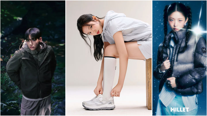 [서울=뉴시스] 아이돌을 모델로 기용한 스노우피크(뷔), 네파(안유진), 밀레(레이) ( (사진=스노우피크, 네파, 밀레) 2026.03.12. photo@newsis.com *재판매 및 DB 금지