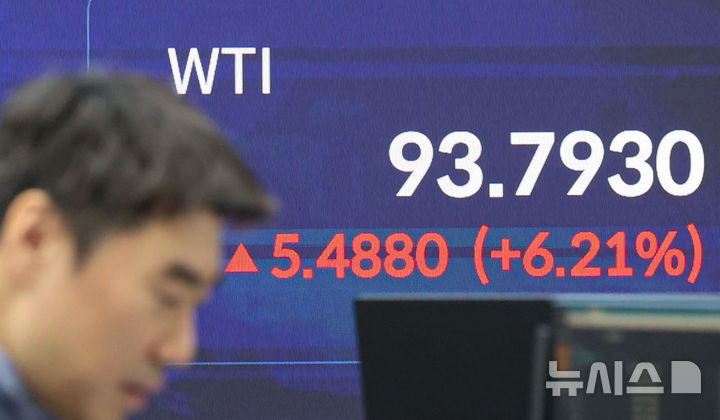 [서울=뉴시스] 권창회 기자 = 12일 오전 서울 중구 우리은행 본점 딜링룸 전광판에 서부텍사스산중질유(WTI) 가격이 표시되고 있다. 국제에너지기구(IEA)가 역대 최대인 4억 배럴 규모의 비상 비축유 방출을 결정했지만 이란이 호르무즈 해협에서 선박 3척을 피격했다고 전해지며 WTI가 배럴당 90달러를 넘겼다. 2026.03.12. kch0523@newsis.com