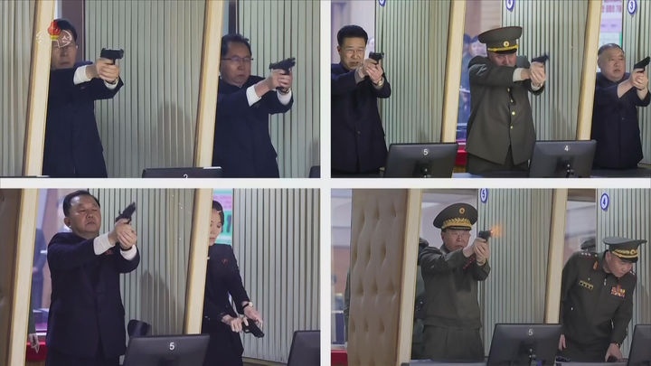 [서울=뉴시스] 북한 조선중앙TV는 김정은 국무위원장이 딸 주애와 함께 지난 11일 제2경제위원회 산하 중요군수공장을 찾아 신형 권총을 사격하고 현지 지도를 했다고 12일 보도했다. (사진=조선중앙TV 캡처) 2026.03.12. photo@newsis.com *재판매 및 DB 금지
