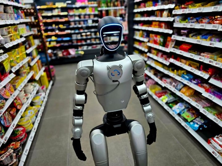 휴머노이드 로봇이 실제 리테일 매장 환경에서 고객 응대 및 상품 위치 안내 서비스를 수행하는 기술 실증(PoC)을 진행하고 있다. (사진=클로봇) *재판매 및 DB 금지