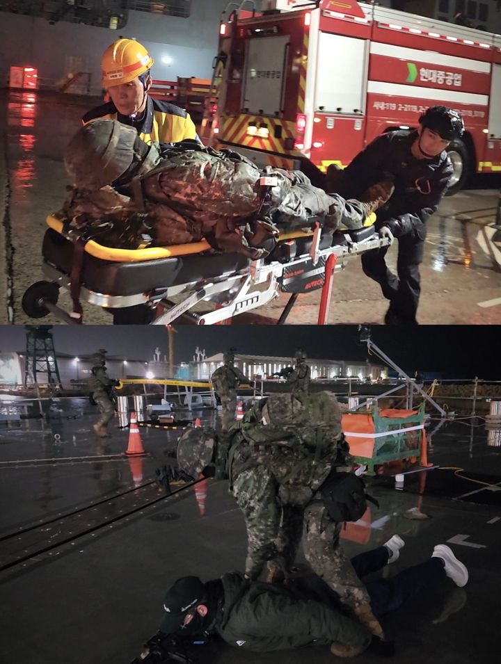 [울산=뉴시스] 12일 HD현대중공업에서 국가 중요시설 민·관·군·경·소방 통합방호훈련이 실시되고 있다. (사진=육군 제53보병사단 제공) 2026.03.13. photo@newsis.com *재판매 및 DB 금지