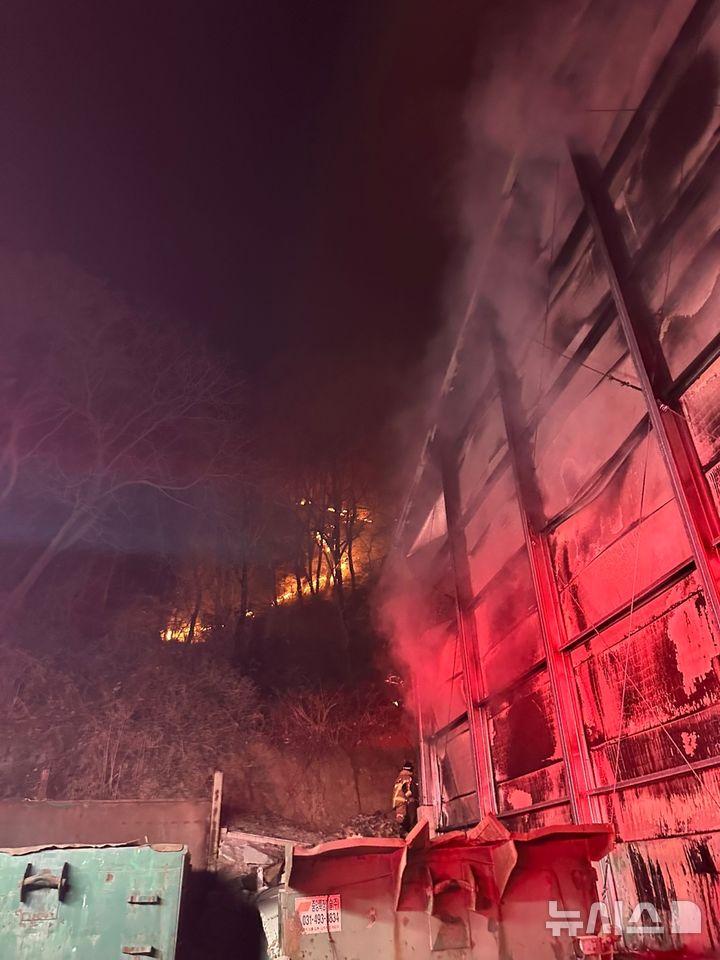 [충주=뉴시스] 13일 오후 9시2분께 충북 충주시 대소원면의 한 폐기물 처리업체 창고에서 발생한 불이 인근 야산으로 옮겨 붙었다. (사진=충주소방서 제공)