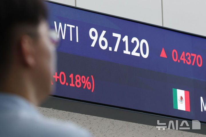 [서울=뉴시스] 권창회 기자 = 13일 오전 서울 중구 우리은행 본점 딜링룸 전광판에 서부텍사스산중질유(WTI) 가격이 표시되어 있다. 이란의 새 최고지도자로 선출된 아야톨라 세예드 모즈타바 하메네이가 호르무즈 해협 봉쇄를 포함해 미국·이스라엘에 대한 초강경 대응을 선언하며 국제유가가 다시 급등하고 있다. 2026.03.13. kch0523@newsis.com