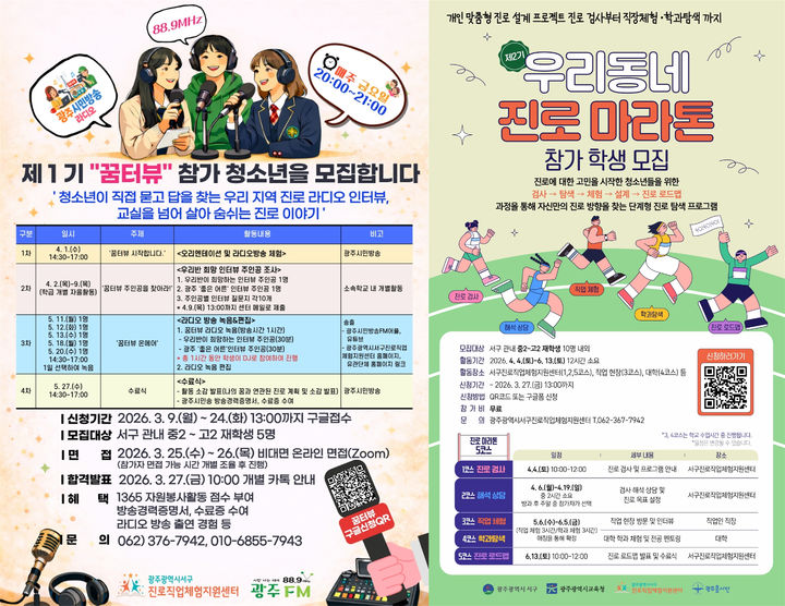 [광주=뉴시스] 광주서구진로직업체험지원센터 '꿈터뷰' '우리동네 진로 마라톤' 프로그램 참가자 모집. (사진=광주서구진로직업지원센터 제공). photo@newsis.com *재판매 및 DB 금지