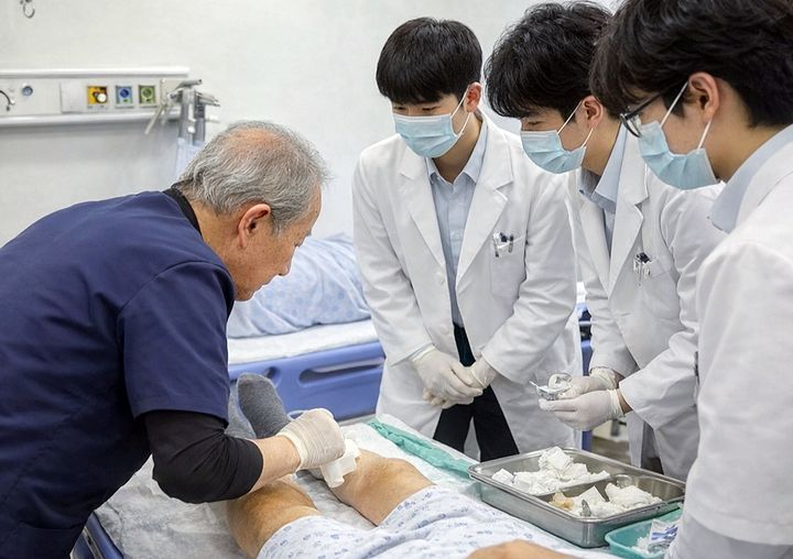 [인천=뉴시스] 이두익 백령병원 원장이 인하대 의대 본과 4학년 학생들을 대상으로 응급실 환자 교육을 하고 있는 모습. (사진=인하대 제공) 2026.03.16. photo@newsis.com *재판매 및 DB 금지