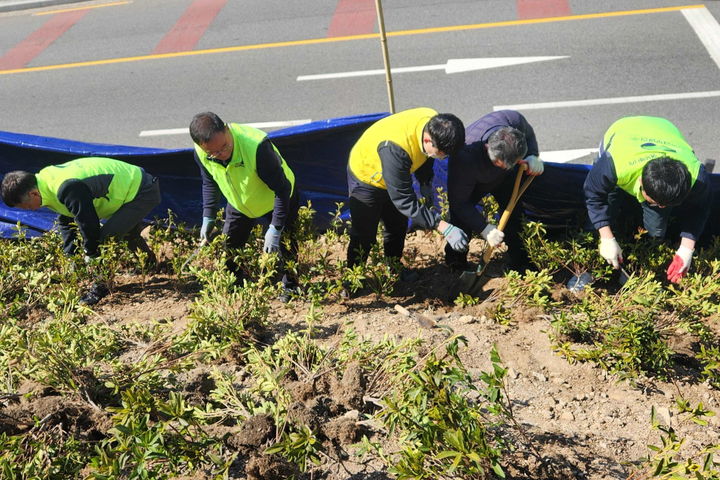 [세종=뉴시스] 지난 13일 열린 '자생단체 숲 가꾸기 식목행사'에 함께한 남부발전 임직원과 지역 주민들이 묘목을 식재하고 있는 모습. (사진=남부발전 제공) 2026.03.16. photo@newsis.com *재판매 및 DB 금지