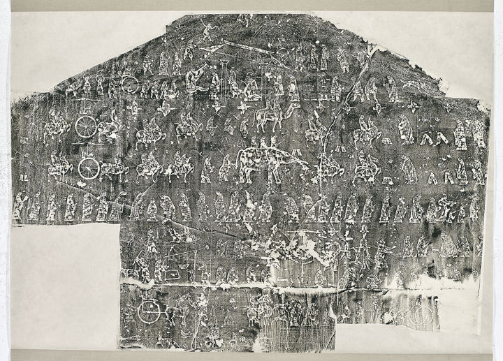 [서울=뉴시스] 16일 서울 종로구 선천에서 열린 명주사 고판화박물관 '돌에 새겨진 역사와 신화 이야기 - 중국 화상석 탁본 특별전' 언론설명회에서 공개된 효당산석사(孝堂山右祠)의 화상석(画像石) 탁본 탁본 (사진=고판화박물관 제공) 2026.03.16. photo@newsis.com *재판매 및 DB 금지