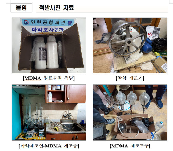 [서울=뉴시스] 베트남 발 항공특송화물을 이용해 마약류 원료를 국내로 밀수한 뒤 일명 엑스터시(MDMA)를 제조한 베트남 국적 조직원 3명이 구속 송치됐다. 사진은 이들이 주택가 빌라에 마약 제조시설을 차려 놓고 마약을 제조한 모습. 2026.03.17. (사진=인천공항본부세관 제공) photo@newsis.com *재판매 및 DB 금지