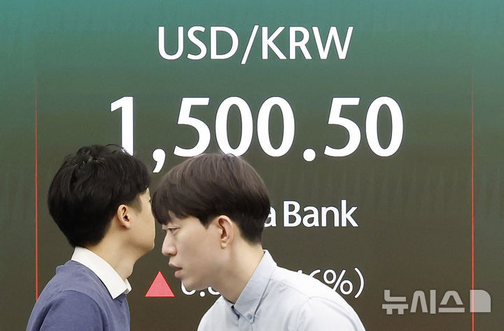 [서울=뉴시스] 김혜진 기자 = 원·달러 환율이 전 거래일 주간거래 종가(1493.7원)보다 7.3원 오른 1501.0원에 개장한 16일 오전 서울 중구 하나은행 딜링룸 전광판에 지수가 표시 되고 있다. 2026.03.16. jini@newsis.com