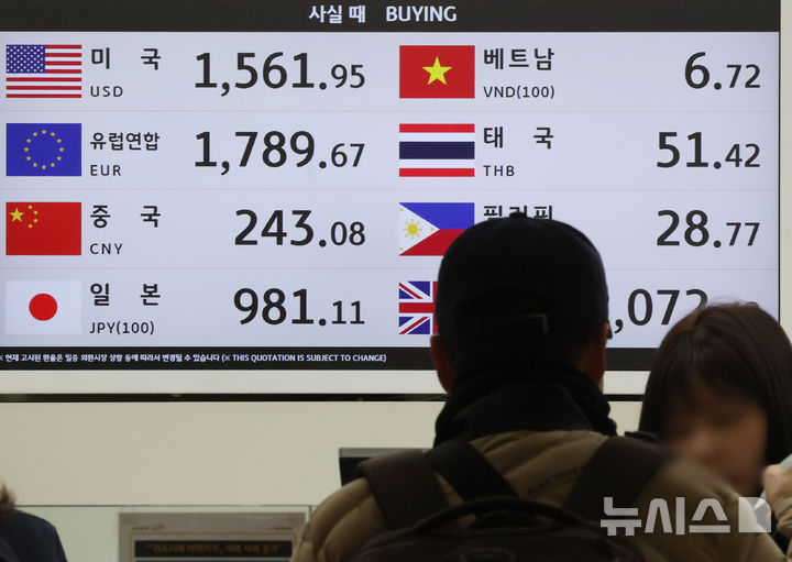 [인천공항=뉴시스] 배훈식 기자 = 이란 전쟁 여파로 원 달러 환율이 1500원을 돌파한 16일 오전 인천국제공항 환전소에서 1달러에 1560원 대를 기록하고 있다. 2026.03.16. dahora83@newsis.com