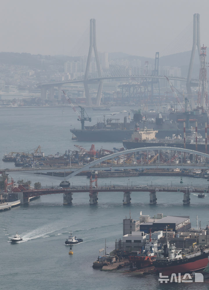 [부산=뉴시스] 하경민 기자 = 부산지역 초미세먼지 농도가 '나쁨' 수준으로 나타난 16일 서구 부산항전망대에서 바라본 부산항이 뿌옇게 보이고 있다. 2026.03.16. yulnetphoto@newsis.com