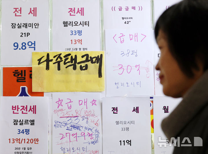 [서울=뉴시스] 조성우 기자 = 아파트를 포함한 서울 집값 상승폭이 석 달 만에 둔화된 것으로 나타난 16일 서울 송파구의 한 공인중개사무소에 아파트 매물 안내문이 붙어 있다. 한국부동산원이 발표한 2월 전국 주택가격 동향조사 결과에 따르면 서울의 주택종합(아파트·연립·단독주택) 매매가격지수는 전월 대비 0.66% 올랐다. 서울 전역과 경기도 12개 지역을 규제지역(조정대상지역·투기과열지구)과 토지거래허가구역으로 지정한 10·15 대책 영향으로 서울 집값 오름폭은 지난해 10월 1.19%에서 11월 0.77%로 반짝 둔화했다가 2개월 연속(12월 0.80%→2026년 1월 0.91%) 커졌지만 석 달 만에 다시 축소됐다. 2026.03.16. xconfind@newsis.com