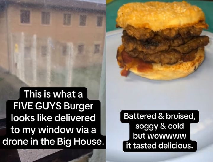 [뉴시스] 최근 영국의 한 수감자가 교도소 안에서 드론으로 햄버거를 배달받은 모습을 공유했다. 사진 틱톡 캡처 *재판매 및 DB금지 *재판매 및 DB 금지