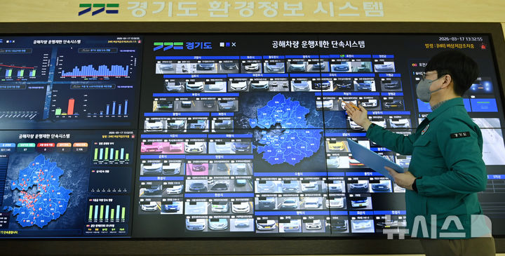 [수원=뉴시스] 김종택 기자 = 수도권을 비롯한 전국 곳곳에 미세먼지 비상저감조치가 시행된 17일 경기 수원시 경기도청 대기환경관리과 환경정보상황실에서 관계자가 공해차량 운행제한 단속시스템 현황을 살펴보고 있다. 이날 발령된 미세먼지 비상저감조치에 따라 5등급 차량 운행 제한, 사업장 및 공사장 운영 단축 조정, 행정·공공기관 차량 2부제 등의 조치가 시행됐다. 2026.03.17. jtk@newsis.com