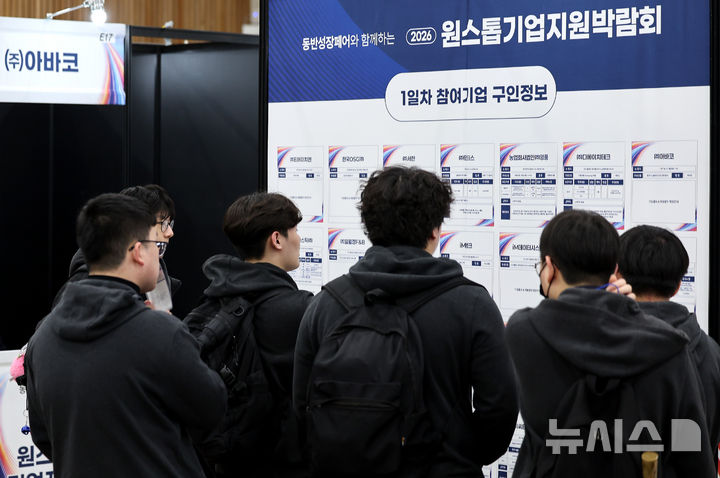 [대구=뉴시스] 이무열 기자 = 17일 대구 북구 엑스코에서 열린 2026 원스톱기업지원박람회에서 학생들이 참여기업 구인정보 살펴보고 있다. 2026.03.17. lmy@newsis.com