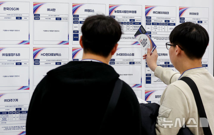 [대구=뉴시스] 이무열 기자 = 17일 대구 북구 엑스코에서 열린 2026 원스톱기업지원박람회에서 구직자들이 참여기업 구인정보를 살펴보고 있다. 2026.03.17. lmy@newsis.com