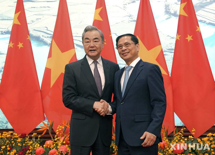[하노이=신화/뉴시스] 왕이 중국 공산당 중앙정치국 위원 겸 외교부장이 17일 베트남 하노이에서 부이 타잉 썬 베트남 부총리와 만나 악수하고 있다. 2026.03.18