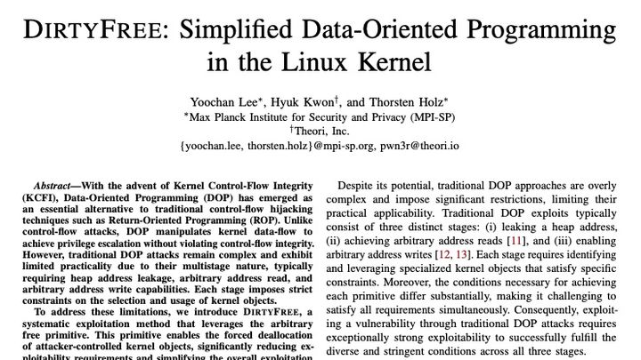 [서울=뉴시스] 티오리는 자사 연구원이 참여한 리눅스 커널 공격 기법 '더티프리(DirtyFree)' 연구가 보안 학회 'NDSS'에 채택됐다고 18일 밝혔다. 2026.03.18. (사진=티오리 제공) *재판매 및 DB 금지