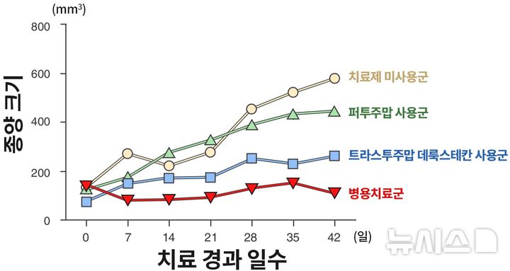 [서울=뉴시스] 치료 경과에 따른 약제 사용군 별 종양 크기 변화. 병용치료군의 종양 크기는 감소 추세인 반면 다른 군은 증가 추세임을 알 수 있다. (사진= 분당서울대병원 제공)