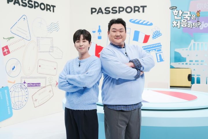 [서울=뉴시스] 19일 온라인으로 진행된 MBC에브리원 예능 프로그램 '어서와 한국은 처음이지?' 제작발표회에서 방송인 김준현, 딘딘이 포즈를 취하고 있다. (사진=MBC 제공) 2026.03.19. photo@newsis.com *재판매 및 DB 금지