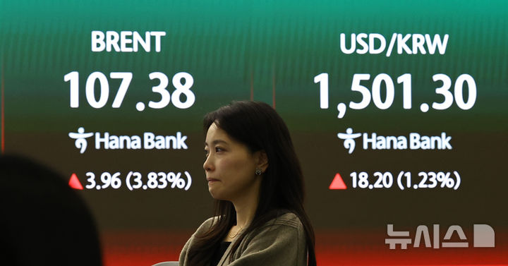[서울=뉴시스] 최진석 기자 = 이란 사태 여파로 국제 유가와 원·달러 환율 시세가 요동치고 있는 지난 19일 서울 중구 하나은행 딜링룸에 국제유가 벤치마크 브렌트유 선물, 원·달러 환율 시세가 보이고 있다. 2026.03.19. myjs@newsis.com