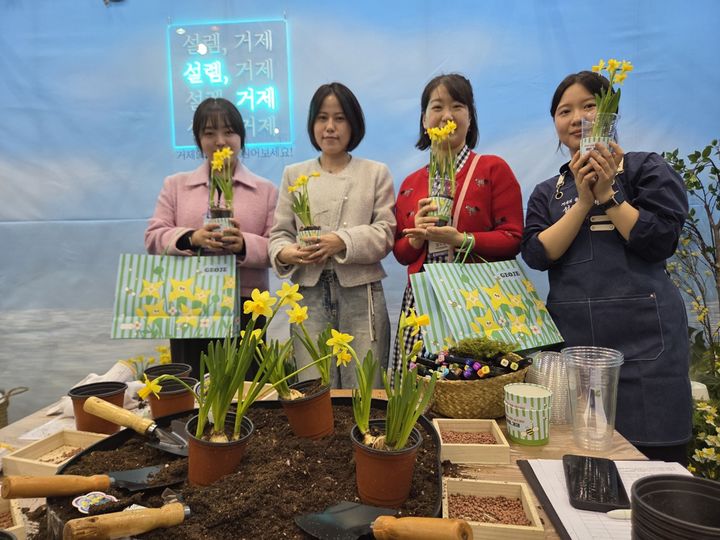 [거제=뉴시스] 거제 9경(景) 중 하나인 공곶이 수선화 모종을 화분에 직접 심어보는 체험행사장 모습. (사진=거제시 제공) 2026.03.20. photo@newsis.com *재판매 및 DB 금지