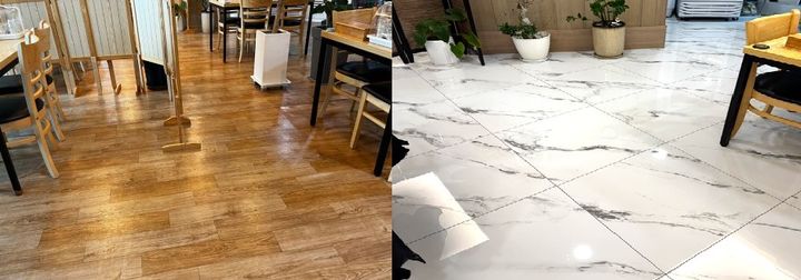 [평창=뉴시스] 개선 전 일반음식점의 낡고 손상된 바닥 모습(왼쪽)과 환경개선 지원을 통해 새롭게 교체돼 더욱 위생적이고 쾌적해진 바닥 상태(오른쪽). (사진=평창군 제공) 2026.03.20. photo@newsis.com *재판매 및 DB 금지