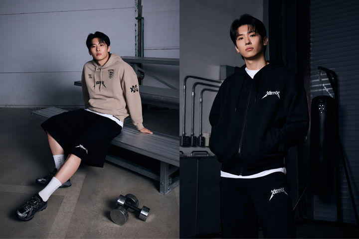 [서울=뉴시스] 덱스가 착용한 제품은 'NX 맨즈 스포티 스웨트 멀티로고 후디'와 'NX 후드 집업·와이드 세트'(오른쪽) (사진=젝시믹스 제공) 2026.03.20. photo@newsis.com *재판매 및 DB 금지