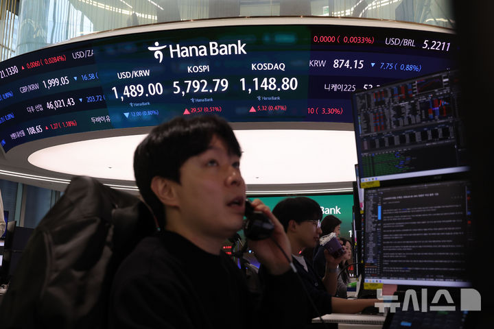 [서울=뉴시스] 권창회 기자 = 20일 오전 서울 중구 하나은행 딜링룸에서 딜러들이 업무를 보고 있다. 코스피가 전 거래일 대비 50.13포인트(0.87%) 오른 5813.35에 출발했다. 원달러 환율은 9원 내린 1492원으로, 코스닥지수는 10.19포인트(0.89%) 오른 1153.67에 거래를 시작했다. 2026.03.20. kch0523@newsis.com