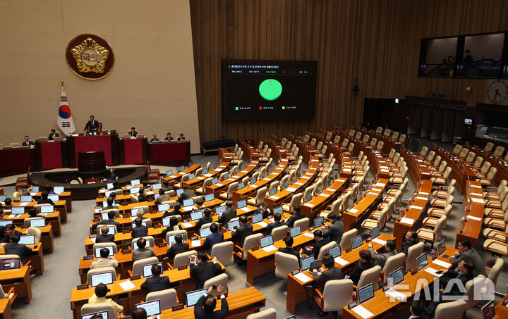 [서울=뉴시스] 김금보 기자 = 21일 오후 서울 여의도 국회에서 열린 본회의에서 중대범죄수사청 조직 및 운영에 관한 법률안(대안)이 가결되고 있다. 2026.03.21. kgb@newsis.com