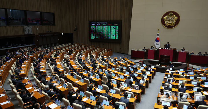 [서울=뉴시스] 김금보 기자 = 21일 오후 서울 여의도 국회에서 열린 본회의에서 중대범죄수사청 조직 및 운영에 관한 법률안(대안)이 가결되고 있다. 2026.03.21. kgb@newsis.com