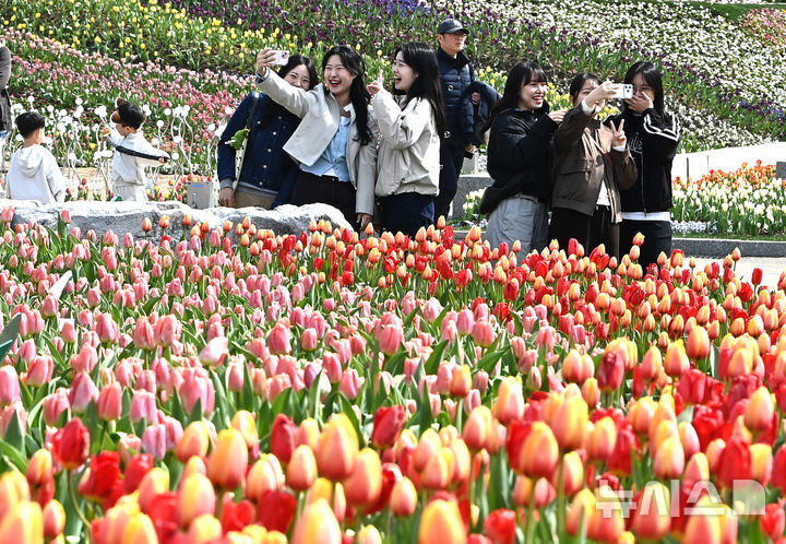 [용인=뉴시스] 김종택 기자 = 포근한 날씨를 보인 22일 튤립축제가 열리고 있는 경기 용인시 에버랜드를 찾은 시민들이 활짝 핀 튤립 꽃길을 거닐며 봄 기운을 만끽하고 있다. 2026.03.22. jtk@newsis.com