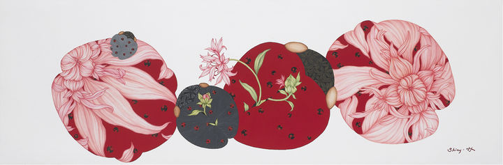 원형(原形)으로의 여정-씨앗의 꿈, 33.3×100cm, 한지에 천연석채, 분채, 2022, 1200만원 *재판매 및 DB 금지