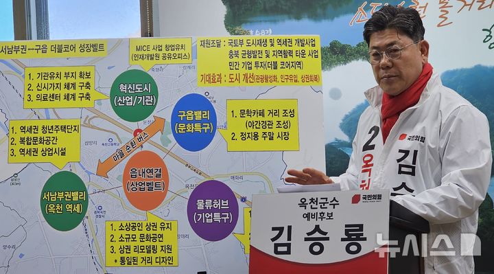 [옥천=뉴시스] 연종영 기자 = 6.3 지방선거 옥천군수에 출마하는 김승룡 전 옥천문화원장이 23일 오전 옥천군청 군정홍보실에서 공약 발표 기자회견을 하고 있다. 2026.03.23. jyy@newsis.com