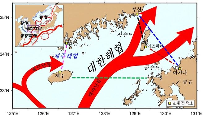 [부산=뉴시스] 대한해협 바닷물 유입·유출량 산출에 활용된 조위관측소 위치 및 주요 해류 (그림=국립해양조사원 제공) 2026.03.23. photo@newsis.com *재판매 및 DB 금지