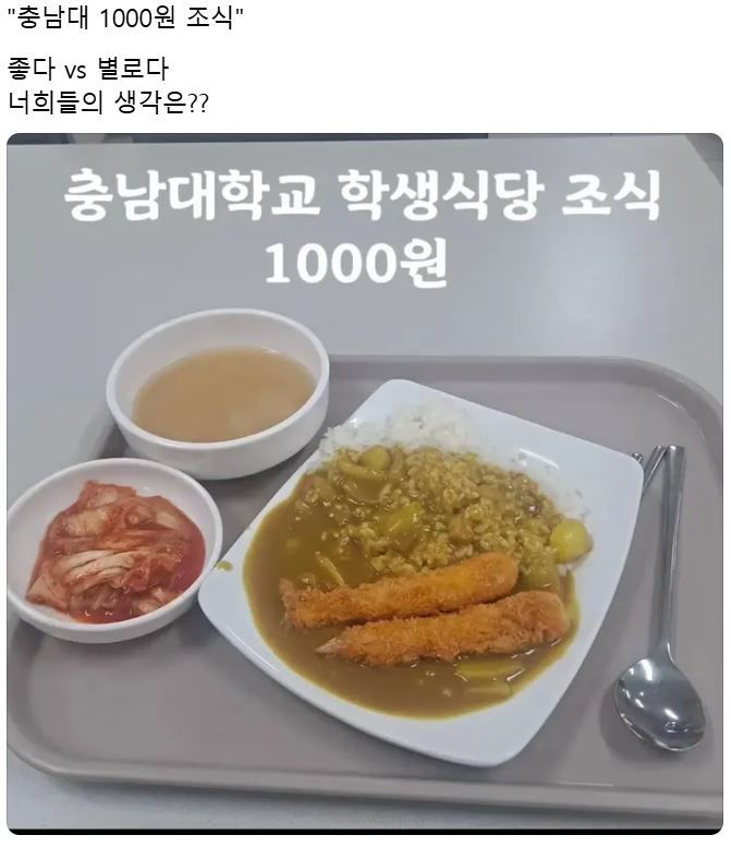 [서울=뉴시스] 지난 7일 소셜미디어(SNS) '스레드'에 충남대학교 학생식당에서 판매하는 '천원 조식' 메뉴 사진이 올라왔다. (사진=스레드 캡처)