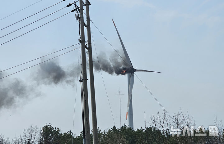[영덕=뉴시스] 안병철 기자 = 23일 오후 1시11분께 경북 영덕군 영덕읍 창포리 풍력발전단지 내 풍력발전기에서 화재가 발생했다.(사진=독자 제공) 2026.03.23. photo@newsis.com