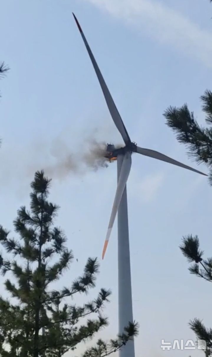 [영덕=뉴시스] 안병철 기자 = 23일 오후 1시11분께 경북 영덕군 영덕읍 창포리 풍력발전단지 내 풍력발전기에서 화재가 발생했다.(사진=독자 제공) 2026.03.23. photo@newsis.com