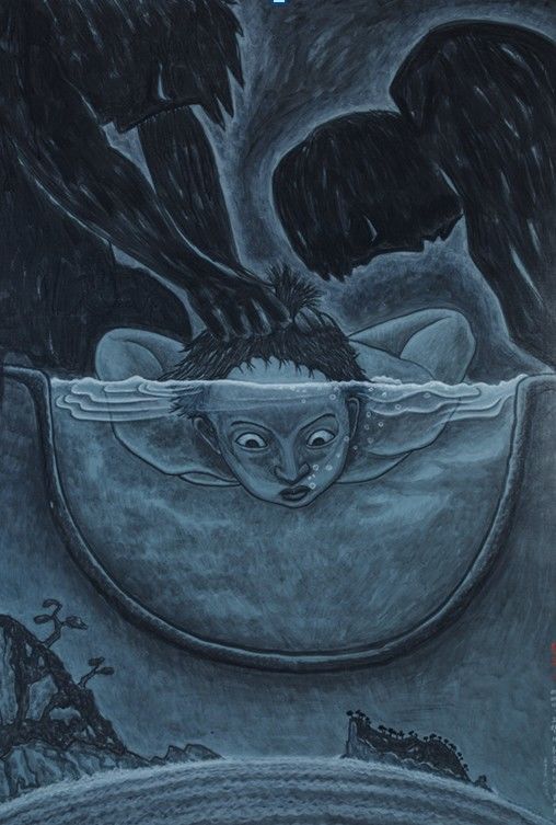 홍성담. <욕조-어머니 고향의 푸른바다가 보여요 2> 2016, 캔버스에 아크릴, 194×130cm. 1989년, 홍성담 작가가 안기부에 체포된 후 남산 안기부 지하 조사실에서 물고문 당한 기억을 그린 그림이다. *재판매 및 DB 금지